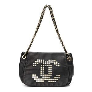 Chanel Mosaic Flap Bag Accordion Studs Vintage Shoulder Bag Black Leather CC